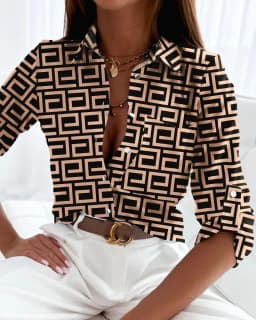 Women's Long Sleeve Button Down Blouse with Geometric Print, Casual Loose Fit Shirt Top for Office or Daily Wear