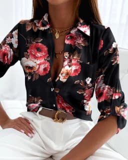 Women's Long Sleeve Button Down Blouse with Geometric Print, Casual Loose Fit Shirt Top for Office or Daily Wear
