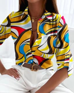 Women's Long Sleeve Button Down Blouse with Geometric Print, Casual Loose Fit Shirt Top for Office or Daily Wear