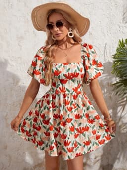 Summer New Arrival Cute Spotted Print Girls Dress Spunky Floral Print Mini Dress for Young Girls
