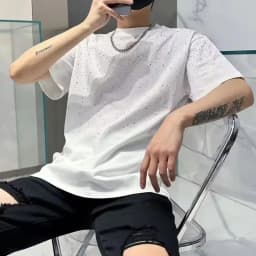 Summer Rhinestone Rivet T-shirt for Men Clothing Round Neck Casual T-shirt Fashion High Street Men's Summer Short Sleeves