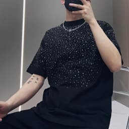 Summer Rhinestone Rivet T-shirt for Men Clothing Round Neck Casual T-shirt Fashion High Street Men's Summer Short Sleeves