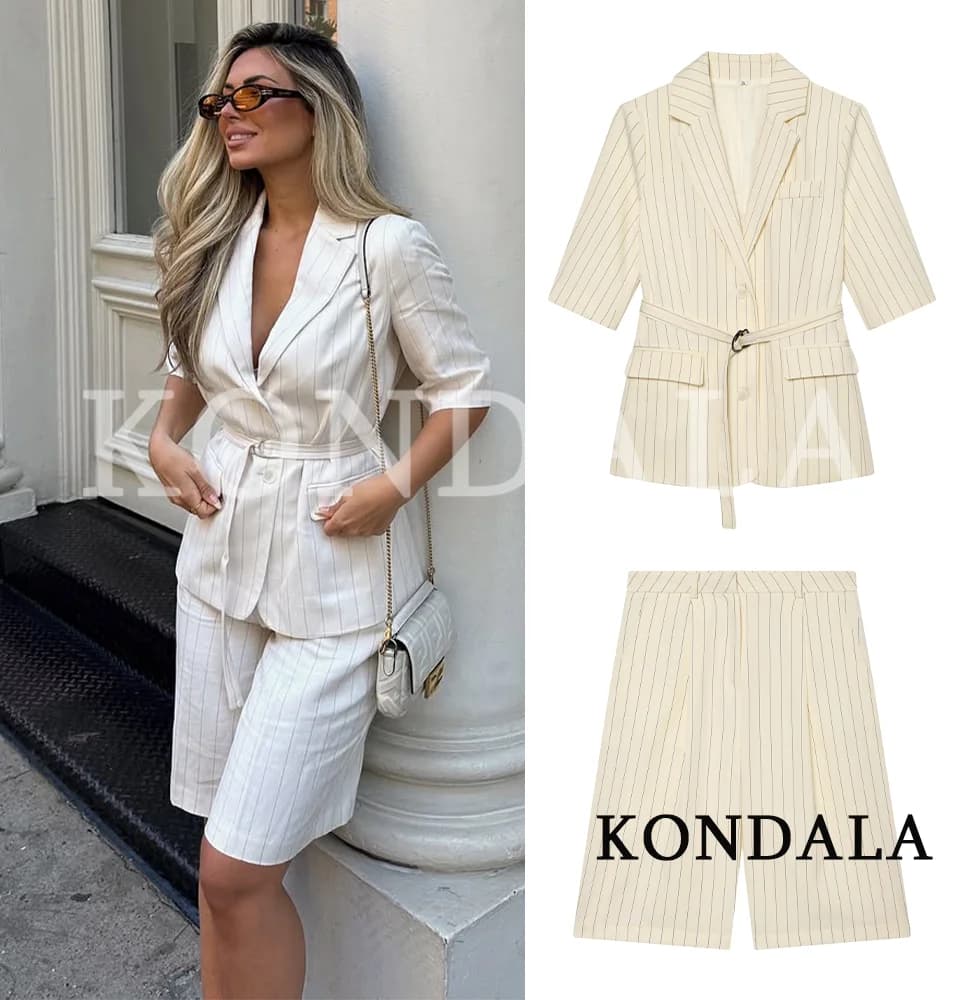 KONDALA Women Office Lady Striped Blazer Set Belt Blazer Pocket Shorts New Fashion 2026 Spring Summer Holiday Casual Shorts Set