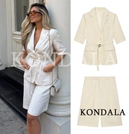 KONDALA Women Office Lady Striped Blazer Set Belt Blazer Pocket Shorts New Fashion 2026 Spring Summer Holiday Casual Shorts Set