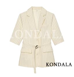 KONDALA Women Office Lady Striped Blazer Set Belt Blazer Pocket Shorts New Fashion 2026 Spring Summer Holiday Casual Shorts Set