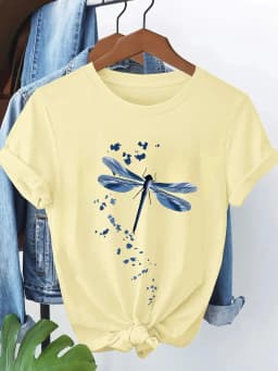 Women's Casual Short Sleeve T-Shirt Dragonfly and Floral Print Pure Round Neck Top Artistic Design Casual Trend Relaxed Chic