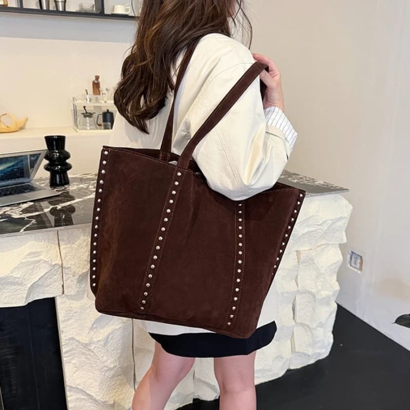 Trendy Large Capacity Suede ToteS BagS with Stud Accents Soft Texture Handbag for Everyday Commute Shoulder Purse Casual Carry