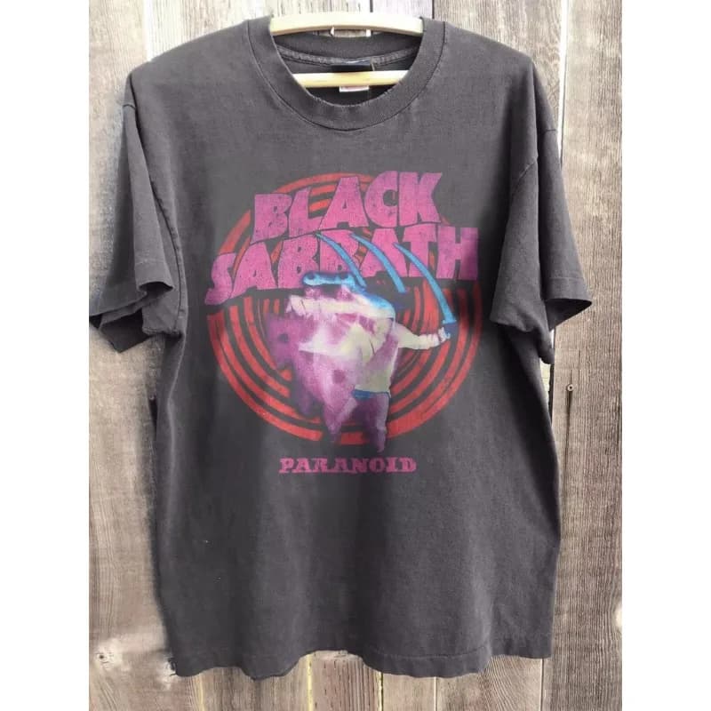 Neutral cotton breathable T-shirt men's round neck streetwear oversized short sleeved men's summer retro black Sabbath T-shirt
