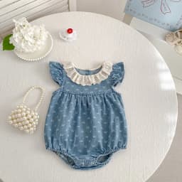 2026 Summer Newborn Baby Girl Clothing Baby Girl Denim Romper 0-24M Cotton Bow Print Baby Girl Flutter Sleeve Jumpsuit