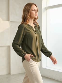 Gadinus Women Solid Color Round Neck Long Sleeve Blouse Loose Fit Casual Office Shirt Elegant Lantern Sleeve Top