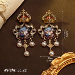 A Pair of Vintage Court-Style Fashion Earrings with White Rhinestones and Glass Inlays, Featuring a Crown and King Print, Suitable for Attending Banquets, Vacations, and Music Festivals, as a Gift for Women