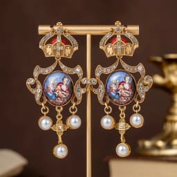 A Pair of Vintage Court-Style Fashion Earrings with White Rhinestones and Glass Inlays, Featuring a Crown and King Print, Suitable for Attending Banquets, Vacations, and Music Festivals, as a Gift for Women