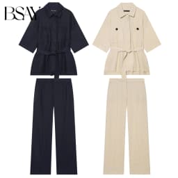 BSAY Fashionable Women's Pants 2pcs Suit with Belt Short Sleeved Chic Ladies Tops Mid Waist Straight Leg Wide Leg Pants