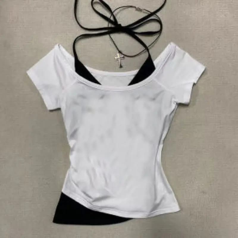 Women 2-in-1 Off Shoulder Halter Top Y2K Slim Fit Layered Short Sleeve T-Shirt Streetwear 2026