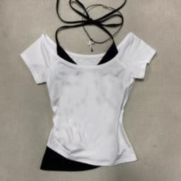 Women 2-in-1 Off Shoulder Halter Top Y2K Slim Fit Layered Short Sleeve T-Shirt Streetwear 2026