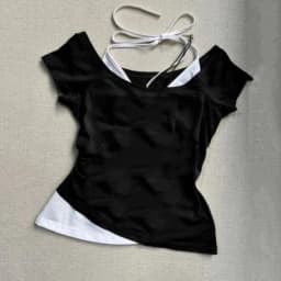 Women 2-in-1 Off Shoulder Halter Top Y2K Slim Fit Layered Short Sleeve T-Shirt Streetwear 2026