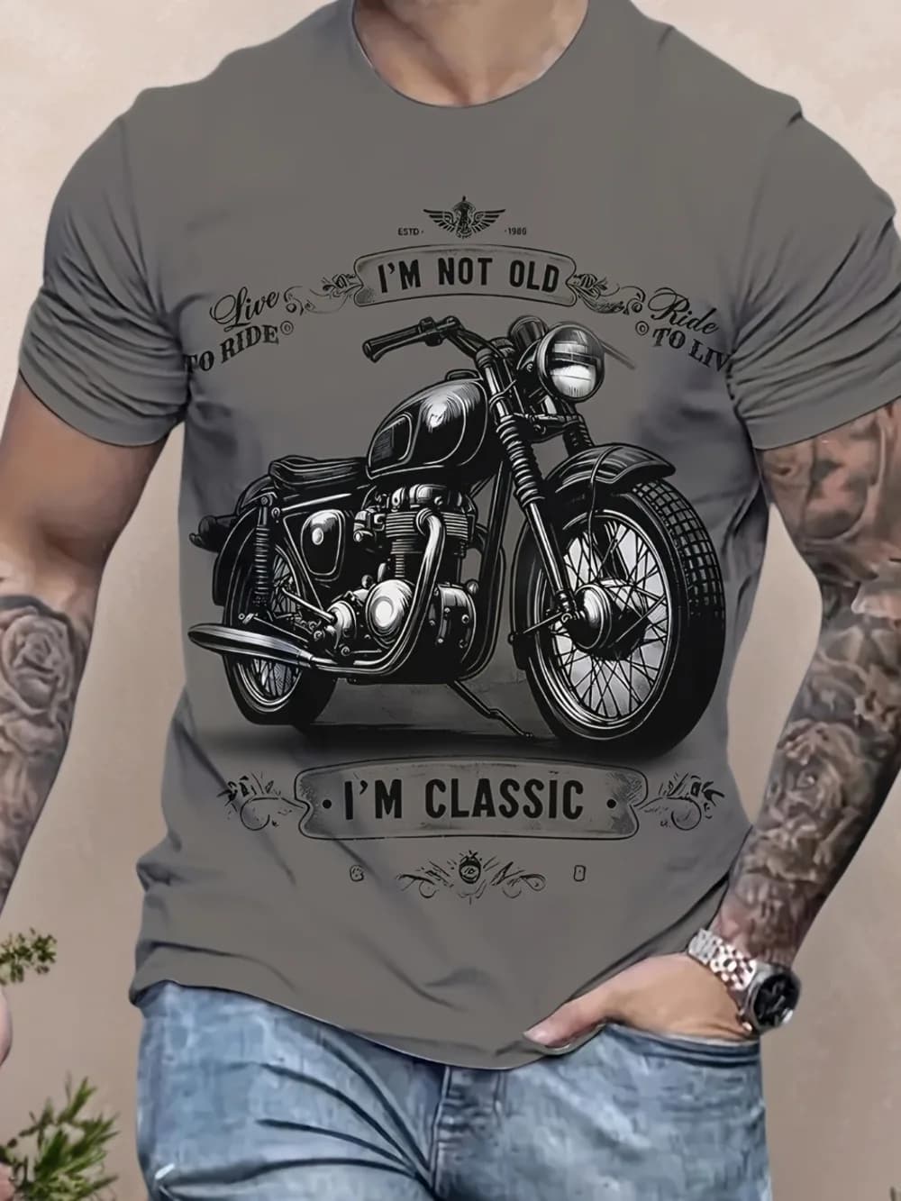 Retro-style Motorcycle Pattern Summer 3D Printed Large-sized Men's T-shirt Loose and Comfortable Suitable for Daily Wear