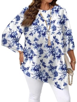 New Round Neck Plant Floral Seven Quarter Sleeved Top Loose and Elegant Plus Size Temperament Short Sleeved T-shirt Commute