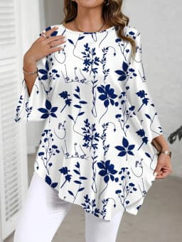 New Round Neck Plant Floral Seven Quarter Sleeved Top Loose and Elegant Plus Size Temperament Short Sleeved T-shirt Commute