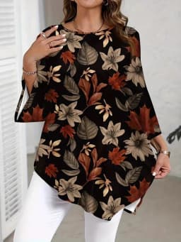 New Round Neck Plant Floral Seven Quarter Sleeved Top Loose and Elegant Plus Size Temperament Short Sleeved T-shirt Commute