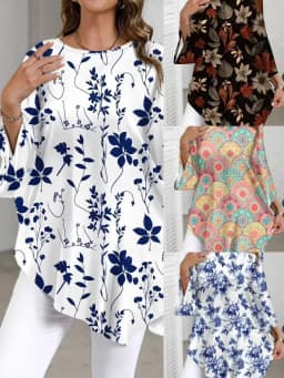New Round Neck Plant Floral Seven Quarter Sleeved Top Loose and Elegant Plus Size Temperament Short Sleeved T-shirt Commute
