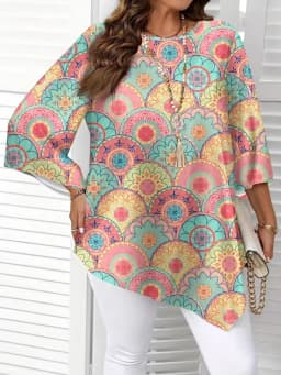 New Round Neck Plant Floral Seven Quarter Sleeved Top Loose and Elegant Plus Size Temperament Short Sleeved T-shirt Commute