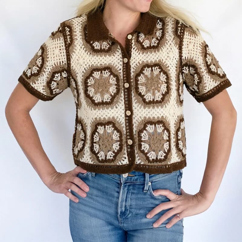 Short Sleeve Button Up Crochet Top Boho Chic Open Knitted Floral Lace Blouse Shirt for Women Summer Beach Cover-up Resort Wear