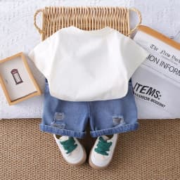Toddler Baby Boys 2Pcs Summer Outfit 3D Plush Bear Rainbow Print T Shirt Ripped Roll Cuff Denim Shorts Daily Clothes Set