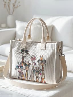 Cool Sunglasses Giraffe Print Corduroy Tote Bag Large Capacity Multi Pocket Animal Lover Commuter Shoulder Bag