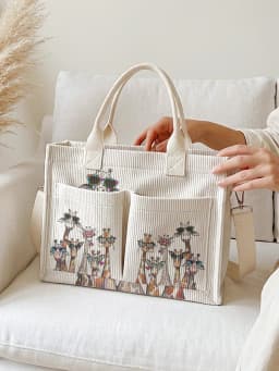 Cool Sunglasses Giraffe Print Corduroy Tote Bag Large Capacity Multi Pocket Animal Lover Commuter Shoulder Bag