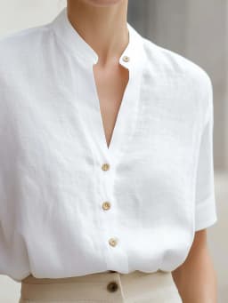 Women's Short Sleeve Button Down Shirt Stand Collar V Neck Blouse Linen Look Top Casual Office Wear Summer Fashion
