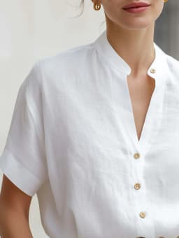 Women's Short Sleeve Button Down Shirt Stand Collar V Neck Blouse Linen Look Top Casual Office Wear Summer Fashion