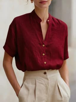 Women's Short Sleeve Button Down Shirt Stand Collar V Neck Blouse Linen Look Top Casual Office Wear Summer Fashion