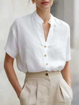 Women's Short Sleeve Button Down Shirt Stand Collar V Neck Blouse Linen Look Top Casual Office Wear Summer Fashion