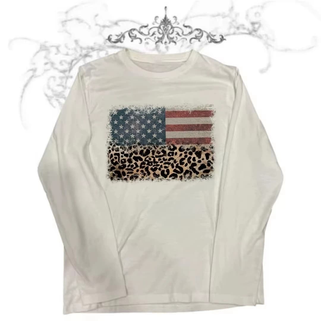 Y2k Emo Women Streetwear Acubi National Flag Print Tops Long Sleeve Vintage Aesthetics Harajuku Goth Grunge 2000s Alt Clothes
