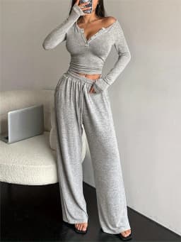 Women's Two-Piece Set Slim-Fit Half Button T-Shirt & Loose Long Pants, Casual Home Wear, Sporty, Comfortable and Stylish