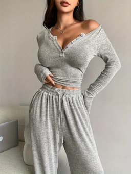 Women's Two-Piece Set Slim-Fit Half Button T-Shirt & Loose Long Pants, Casual Home Wear, Sporty, Comfortable and Stylish