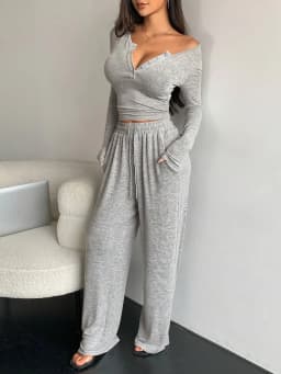 Women's Two-Piece Set Slim-Fit Half Button T-Shirt & Loose Long Pants, Casual Home Wear, Sporty, Comfortable and Stylish