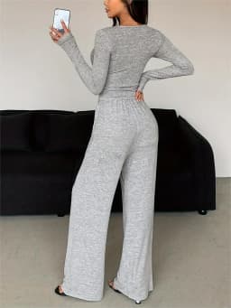 Women's Two-Piece Set Slim-Fit Half Button T-Shirt & Loose Long Pants, Casual Home Wear, Sporty, Comfortable and Stylish