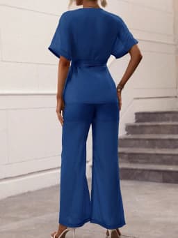 Women's 2-Piece Outfit, Elegant Wrap V-Neck Blouse and Wide Leg Pants, Casual Short Sleeve Loungewear Set For Ladies