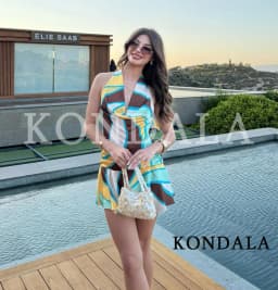 Women's Holiday Beach Printed Halter Mini Dress KONDALA 2026 Summer Trendy Backless Dress Lady Sexy Chic Party Super Short Dress