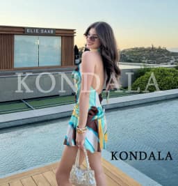 Women's Holiday Beach Printed Halter Mini Dress KONDALA 2026 Summer Trendy Backless Dress Lady Sexy Chic Party Super Short Dress
