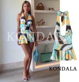 Women's Holiday Beach Printed Halter Mini Dress KONDALA 2026 Summer Trendy Backless Dress Lady Sexy Chic Party Super Short Dress