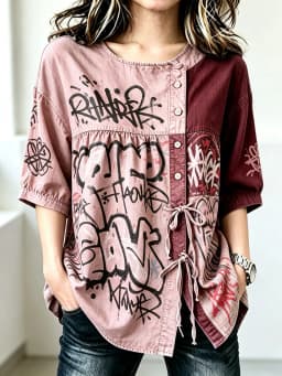 Women's Two-Tone Graffiti Print Drawstring Button Up Blouse, Casual Round Neck Tops for Spring Summer Daily Vacation Wear
