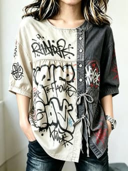 Women's Two-Tone Graffiti Print Drawstring Button Up Blouse, Casual Round Neck Tops for Spring Summer Daily Vacation Wear