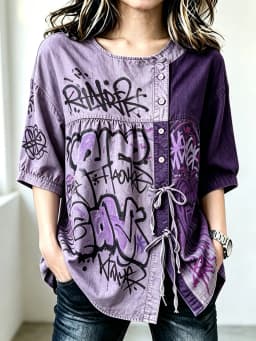 Women's Two-Tone Graffiti Print Drawstring Button Up Blouse, Casual Round Neck Tops for Spring Summer Daily Vacation Wear