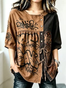 Women's Two-Tone Graffiti Print Drawstring Button Up Blouse, Casual Round Neck Tops for Spring Summer Daily Vacation Wear