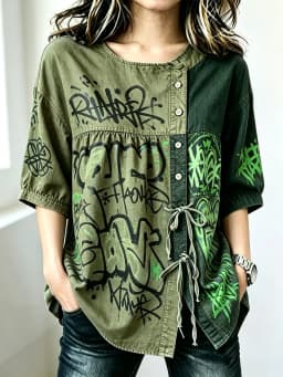 Women's Two-Tone Graffiti Print Drawstring Button Up Blouse, Casual Round Neck Tops for Spring Summer Daily Vacation Wear