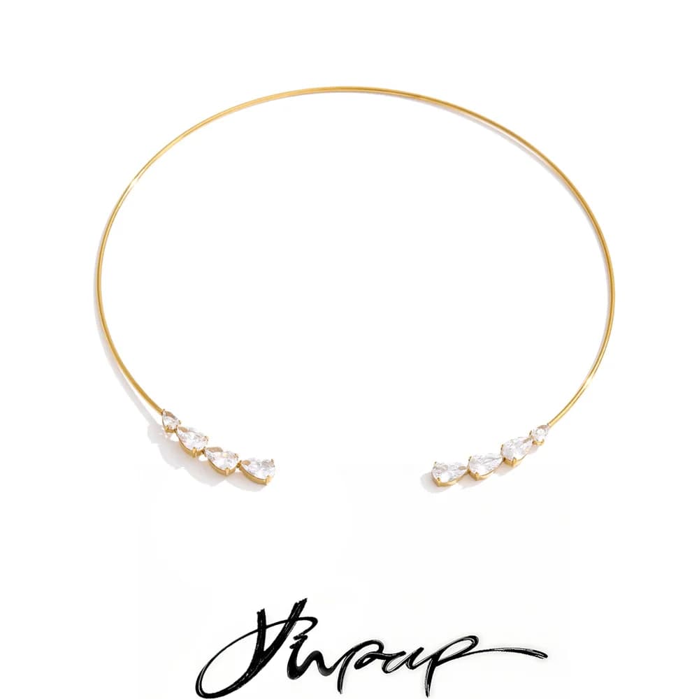 Yhpup Stainless Steel Cubic Zirconia Torques Necklace for Women Summer Delicate Trending Arrivals Aesthetic Golden Jewelry