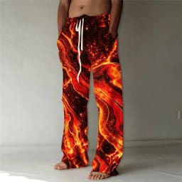 Men's Lava Galaxy Flame Print Drawstring Wide Leg Pants, Psychedelic Straight Pants for Spring & Summer